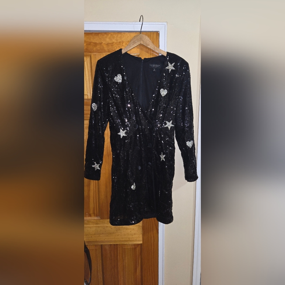 Laundry By Shelli Segal Black Tuxedo Sequin Dress with Silver Stars and Hearts